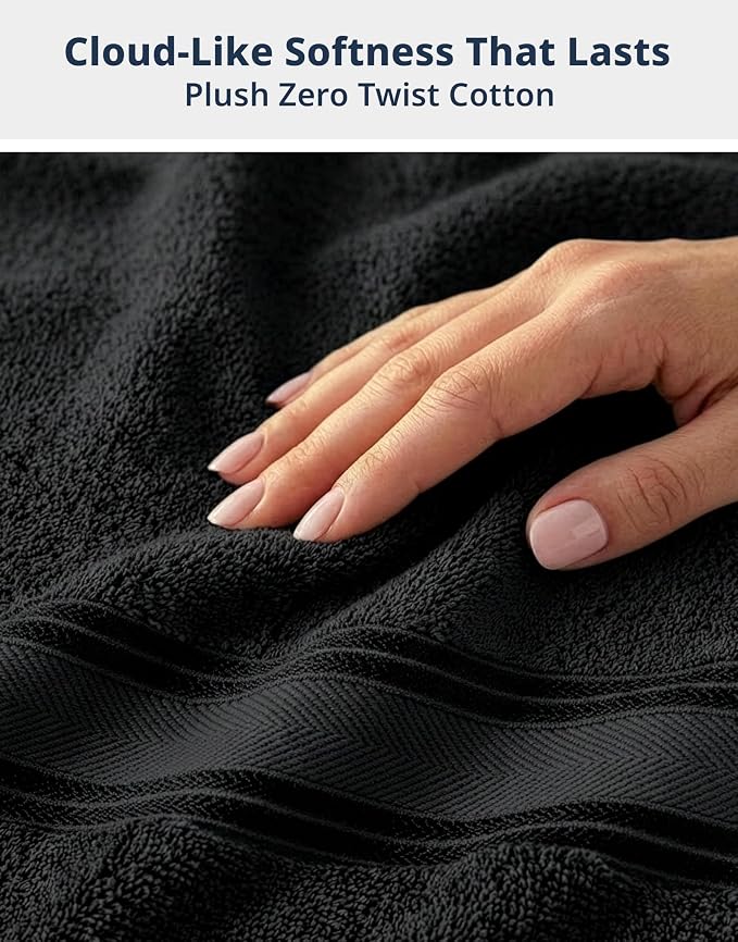 LANE LINEN Bath Towel Set Quick Dry 100% Cotton 12 Piece Soft - Black | Cotton Bath Towels - Classic Terry Weave, Densely Woven, Coordinated Colors, Dobby Border Accent, OEKO-TEX Certified