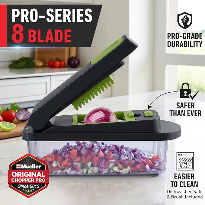 MUELLER HOME Pro-Series 10-in-1 Vegetable Chopper with Container, 8 Blade | Fruit Cutter, Dicer, Tomato Slicer, French Fry Cutter Potato Slicer, Salad Chopper, Gray/Green