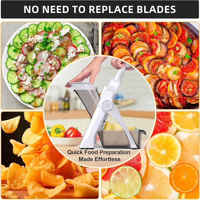Safe Mandoline Slicer for Kitchen, Professional Vegetable Potato Slicer | 0.1-8 mm Adjustable Thickness, Food Chopper French Fry Cutte, Mandolin, Chopping Artifact Fast Veggie (just Slice, White)