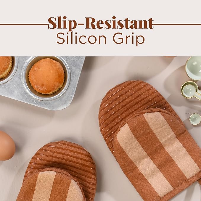 Folkulture Fall Oven Mitts, Brown, Set of 2, Heat Resistant - (5.75"x9") | 100% Cotton, Non Slip, Heat Resistant, Silicone, Cute Striped Mini Mits with Hanging Loop, Fall Kitchen Décor, Cooking Gifts
