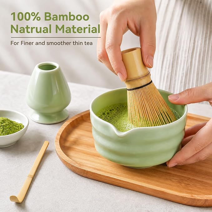Matcha Whisk Set with Ceramic Bowl - Complete Matcha Making Kit, Bamboo Whisk (Chasen), Whisk Holder, Matcha Powder Sifter, Scoop, Japanese Tea Ceremony Tools（Green）