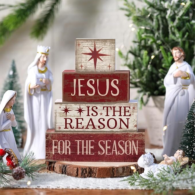 Lineshading 4 Pcs Christmas Farmhouse Wooden Block Signs Jesus Tiered Tray | Rustic Distressed Wood, Stackable for Tiered Shelf Mantel Tabletop, Christmas Seasonal Home Decor, Farmhouse Gift