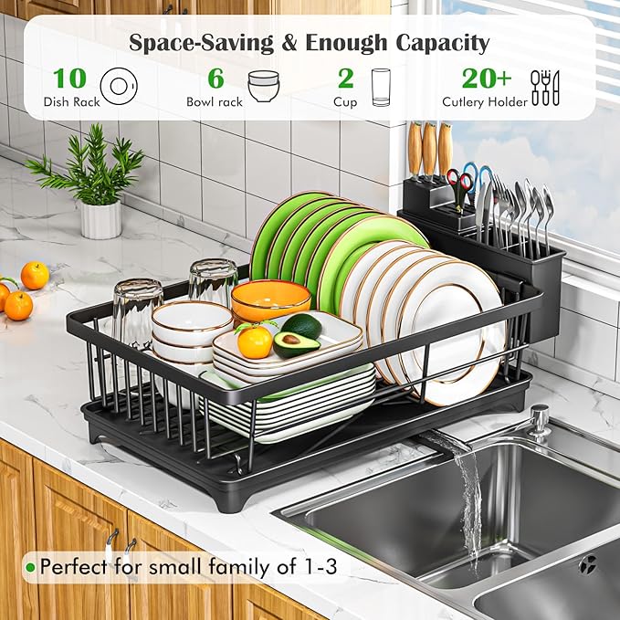 Kmiectse Dish Drying Rack for Small Kitchen Counter with Utensil Holder | Space Saving, Rust Resistant, Quick Drainage Dish Rack, Compact Dish Drainer Organizer for Home Kitchen, Black