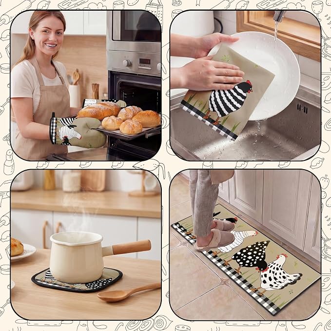 10 Pcs Kitchen Decor and Accessories Set, Chicken Country Rustic | Rooster 4 Dish Towels Kitchen Rugs 2 Oven Mitts 2 Pot Holders, Home Decor for Cooking Baking BBQ Gifts Women Mom Housewarming