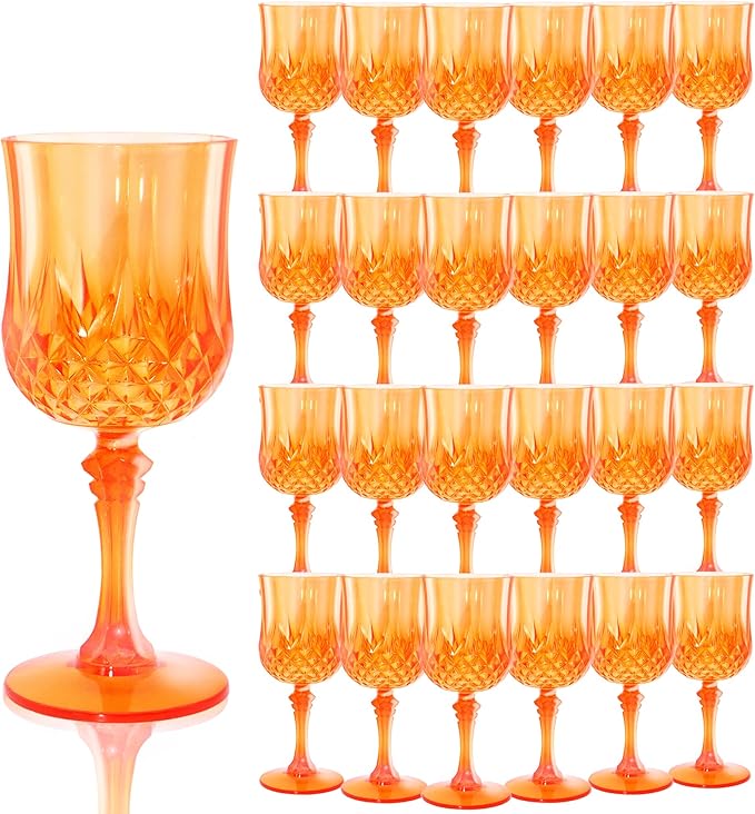24Pack Plastic Wine Glasses, 7oz Vintage Goblets for Wedding | Unbreakable Crystal Style Reusable Stemware, Elegant Orange Drinking Glass for Party Anniversary & Holiday Celebration