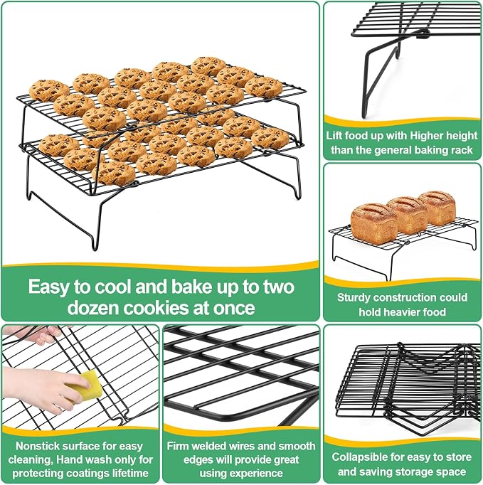P&P CHEF Cooling Rack Set of 2, 2-Tier 15" x 10" Stackable Rack, Black | Stainless Steel Stackable Wire Cooling Racks for Baking Cooking Roasting, Collapsible & Heavy Duty, Oven Safe & Easy Clean