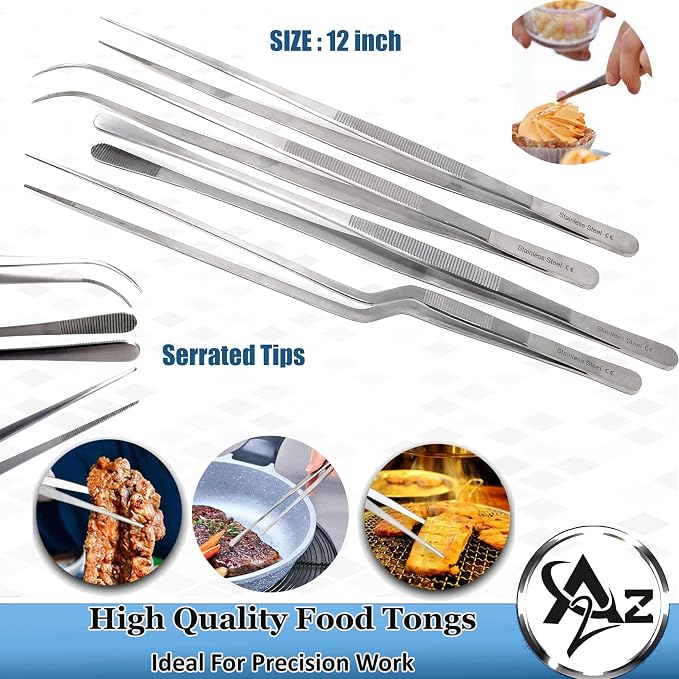 Professional Culinary Stainless Steel Precision Tongs with Serrated Tips, Plating/Food Presentation Detailing Serving Tongs, Chef's Kitchen Tweezer Tongs - Ultra Non-Slip Grip (12" 4 PCS)
