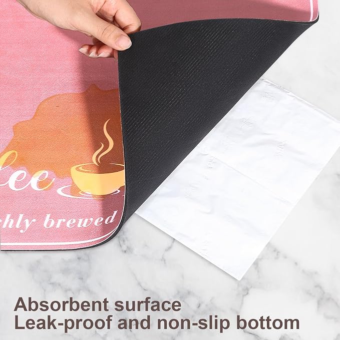 CooRug Fashion Coffee Mat, Dish Drying Mat 16" x 24" Pink | Hide Stain, Absorbent, Coffee Bar Accessories, Heat Resistant, Non-slip, Eco-friendly, Easy to Clean