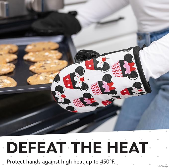 Disney Mickey & Minnie Mini Oven Mitts, 2-Pack, Heat Resistant 450F | Compact 5.5"x7.5" pot holders for kitchen, printed silicone offers non-slip grip, ambidextrous, hand wash or spot clean