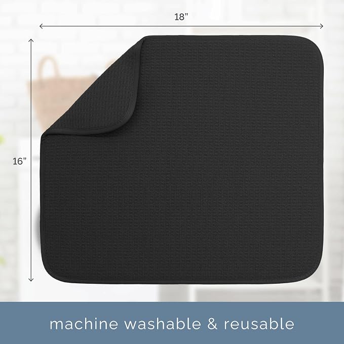 S&T INC. Dish Drying Mat, 16" x 18", Large, Black | Absorbent Microfiber, Kitchen Counter Mat for Dishes, Utensils, Pots and Pans, Machine Washable