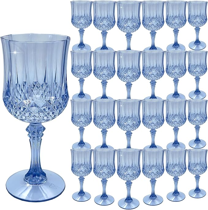 24Pack Plastic Wine Glasses, 7oz Vintage Goblets for Wedding | Unbreakable Crystal Style Reusable Stemware, Elegant Blue Drinking Glass for Party Anniversary & Holiday Celebration
