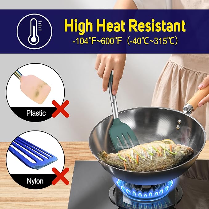 HOTEC Silicone Spatula Set of 2 Heat-Resistant 600F & BPA-Free Kitchen Spatula Turner with Stainless Steel Handles, Slotted & Solid Spatulas for Nonstick Cookware, 13.7 Inch, Sage Green