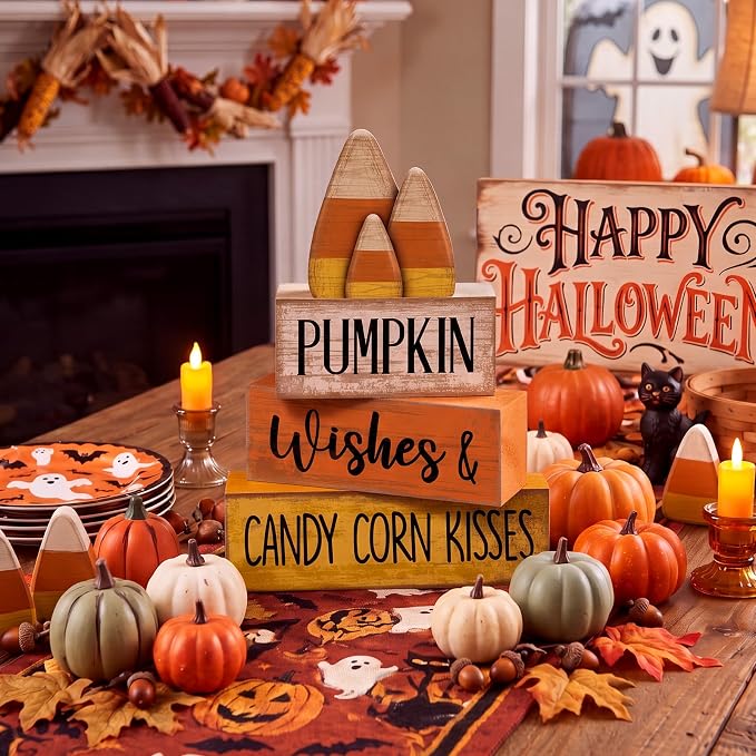 Lineshading 4 Pcs Fall Decoration For Home Wooden Candy Corn Stacked Blocks | Rustic Wood Blocks with Candy Corn Topper, Pumpkin Wishes Text, Tabletop Centerpiece for Thanksgiving Fall Home Decoration