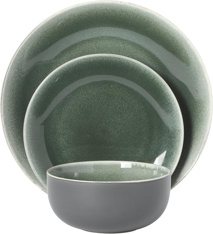 Gibson Elite Pine Coast Plates and Bowls Sets, 12-Piece Stoneware Dinnerware Sets, Reactive Glaze Dish Set - Green