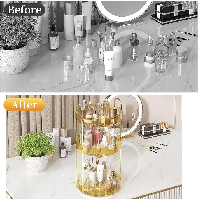 Rotating Makeup Organizer Countertop, 3 Tier, Gold | Skincare Organizers, Spinning Perfume Tray Stand, Makeup Storage Organizer for Vanity, Bathroom Organizer, Lazy Susan