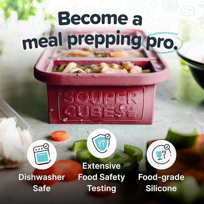 Souper Cubes 1 Cup Silicone Freezer Tray with Lid, Cranberry, 1-Pack | 100% Platinum-Cured Silicone Freezer Cubes, Oven and Microwave Safe, Perfect for Freezing Soup, Protein, Grains and More