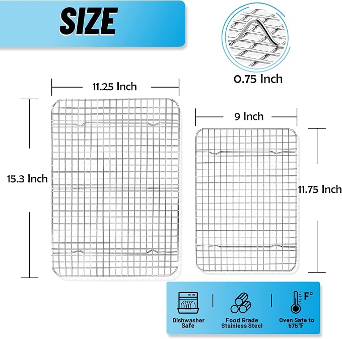 TeamFar Cooling Rack, 15” & 12” Stainless Steel Baking Grid Wire Rack | Roasting Grilling Cooking Rack for Cookie Cake Bread, Fit Baking Pan for Christmas Anniversary Party, Dishwasher Safe- 2PCS
