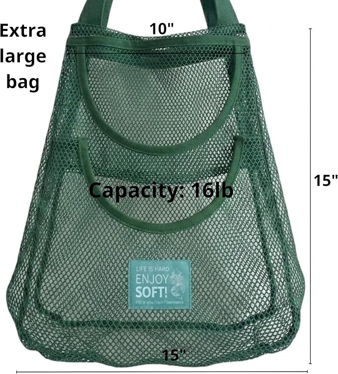 Durable Hanging Mesh Bags for Fruit & Vegetables. Reusable, Breathable Storage for Garlic, Potatoes & Pantry. Eco-Friendly Kitchen Organizer & Decor (1 normal blue bag & 1 extra large blue bag)