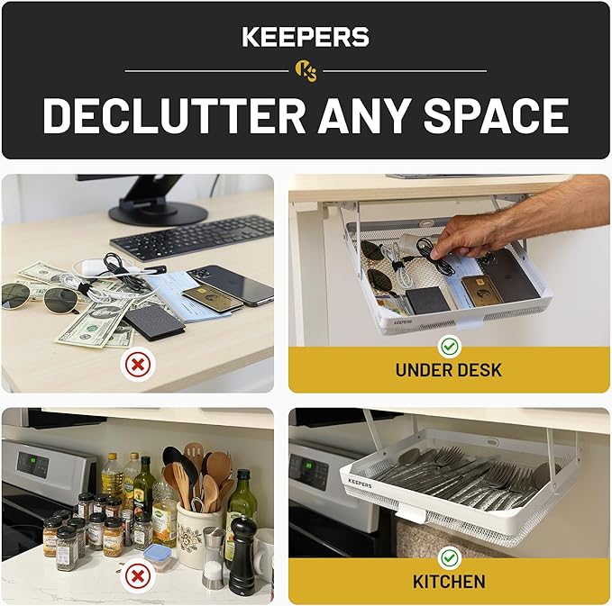 KEEPERS Anything Keeper — Compact 11x10in Under-Cabinet Slide-Out Drawer, Hidden Steel Organizer for K-Cups & Desk Items, RV & Small Kitchen — White