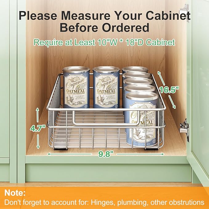 Pull out Cabinet Organizer, Stainless Steel 2-Pack (9.8"W x 16.5"D) Full-Extension Slide out Drawer, Adhesive Roll out Can Spice Storage Basket Shelf Rack for Pantry, Kitchen, Bathroom, Home Closet