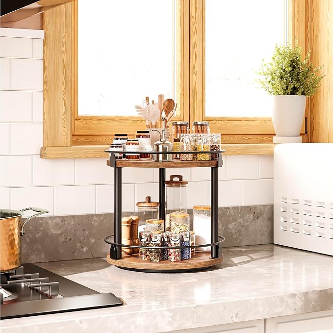 Lazy Susan Organizer, Rotating Spice Rack, 2 Tier Spice Turntable Organizer, Industrial Turntable Spice Holder, for Kitchen Countertop and Cabinet, Compact and Versatile, Rustic Brown SR22BR