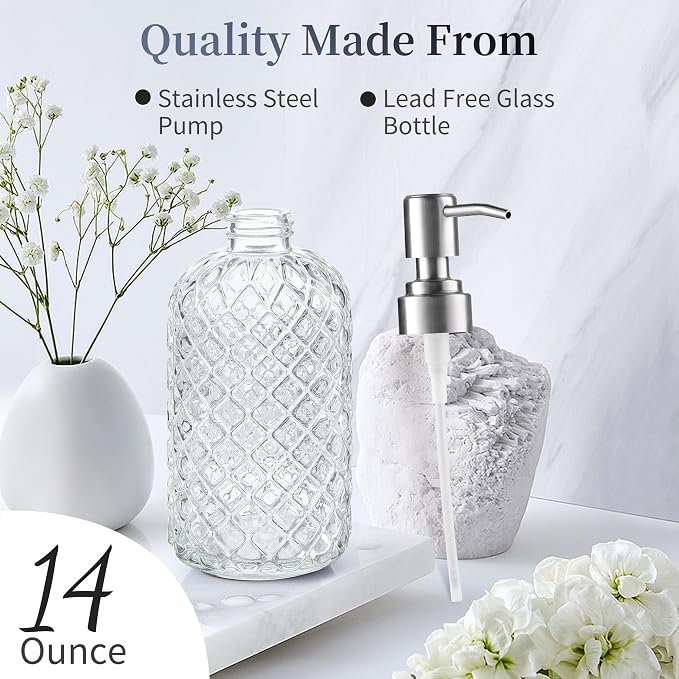 Kaishun 14 OZ Refillable Glass Soap Dispenser for Hand Soap & Lotion, Clear