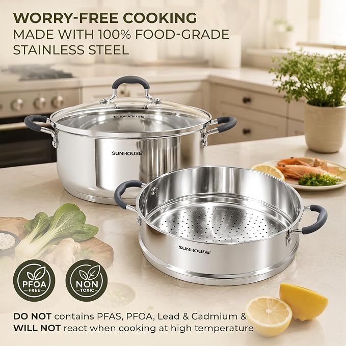 SUNHOUSE 3.1 QT Stainless Steel Steamer Pot for Cooking Vegetables | Steaming Pot with Glass Lid & Steamer Basket - 2 Tier Tri-ply Stovetop Steamer For Vegetable, Veggie - Induction Compatible