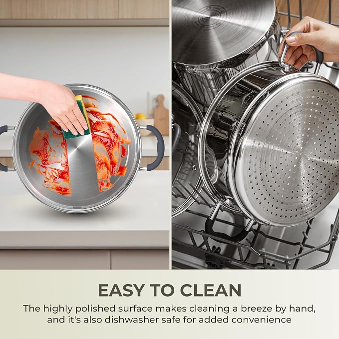 SUNHOUSE 5 QT Stainless Steel Steamer Pot for Cooking with Glass Lid | 2-Tier Food Steaming Basket Insert Vaporera - Stovetop Steamer for Vegetables - Tri-Ply Induction Base, Stay-Cool Handles