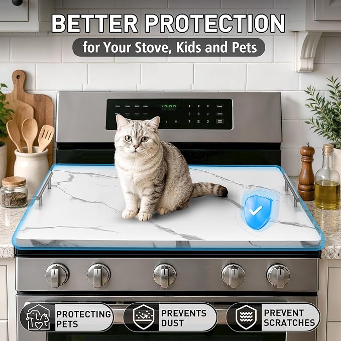 Noodle Board Stove Cover with Handles, Stove Top Covers for Gas Burners and Electric Stove, Wood Stove Cover Board Decorative Serving Tray Kitchen Sink Cover for Counter Space (White Marble)