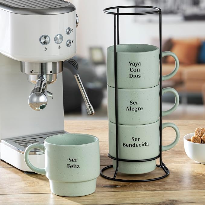 Signature Housewares Stackable Coffee Mug Tower Set with Metal Wire Rack - 15 Ounce Coffee Mugs for Coffee, Tea, Cocoa, Milk, Cappuccino, Hot Chocolate Set of 4 - Spanish Bendecida Blessed