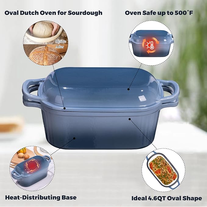 4.6 Quart Dutch Oven for Sourdough Bread Baking | Oval Bread Dutch Oven with Lid, Cast Iron Bread Pan for Crispy Crust, Steam Baking Design for Artisan Homemade Loave, Seasalt