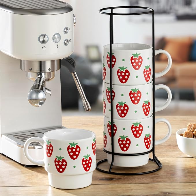 Signature Housewares Stackable Coffee Mug Tower Set with Metal Wire Rack - 15 Ounce Coffee Mugs for Coffee, Tea, Cocoa, Milk, Cappuccino, Hot Chocolate Set of 4 - Strawberry Pattern
