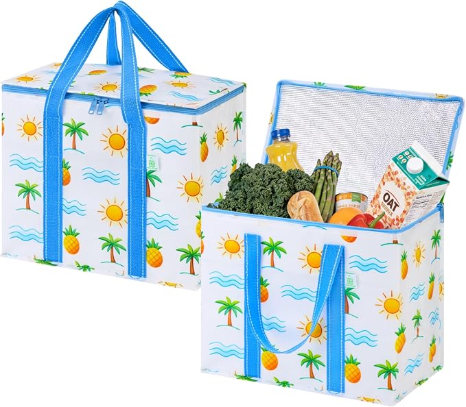 VENO 2 Pack Insulated Cooler Bag Reusable Grocery Bag for Food Delivery | Heavy Duty Large Collapsible Cooler Shopping Tote w/ Zippers, Foldable, Stands Upright for Camping (Tropical Island, 2 Pack)
