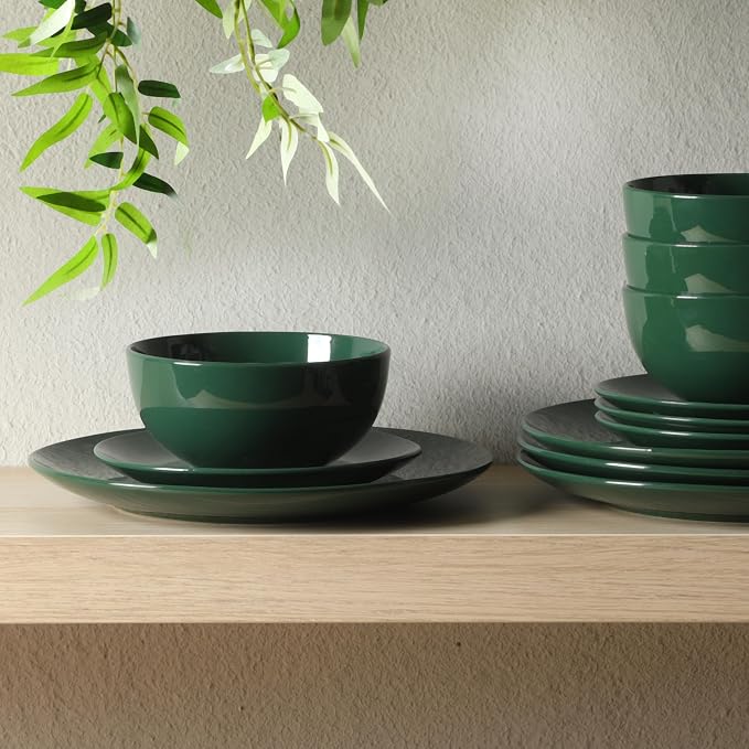 Gibson Home Simple Essential (Service for 4) 12 Piece Plates and Bowls Porcelain Solid Color Dishes Ceramic Dinnerware Set - Hunter Green