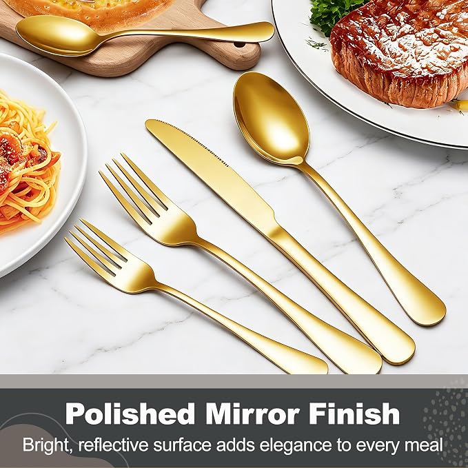 Runfly 40-Piece Gold Flatware Set, Stainless Steel Cutlery Set for 8 | Mirror Polished Durable Utensil Set Includes Knife Fork Spoon for Home Kitchen Restaurant Tableware