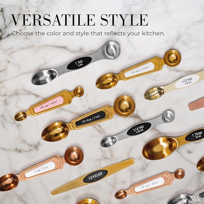 Styled Settings Stainless Steel Magnetic Measuring Spoons Set, 8-Piece | BPA-free, Stackable, Double Sided Measuring Spoons with Leveler for Dry and Liquid Ingredient - Fits in Spice Jars