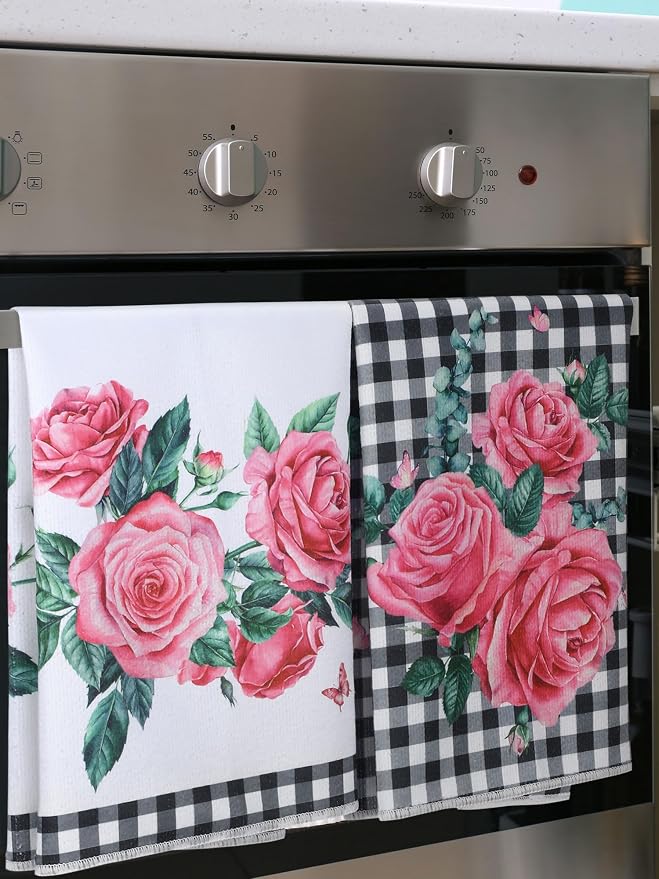 4 Pcs Pink Rose Kitchen Towels Floral Hand Tea Towels Gifts | Buffalo Plaid Absorbent Dishcloth Fast Drying Decor Housewarming Gift for Women Mom Cooking Kitchen Bathroom