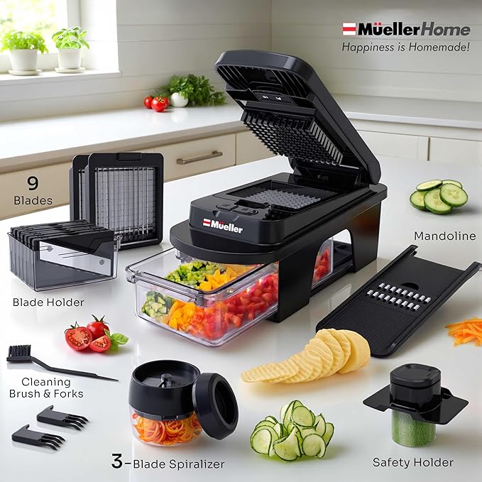 MUELLER HOME ULTIMATE 12 Blade Vegetable Chopper & Mandoline Slicer | Spiralizer, Dicer, Grater, Kitchen Essentials & Accessories, Black