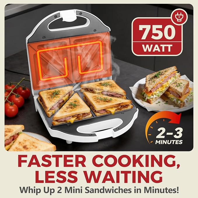 AshGlen Ceramic Breakfast Sandwich Maker Press 2 Slices, Mini Sandwich Press, Grilled Cheese Maker, Tostadora De Pan Sandwichera, Sandwichera Electrica, Sandwich Toaster, Ceramic Coating, White