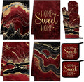 Leinuosen Burgundy and Gold Marble 8 Pcs Kitchen Towels and Dishcloths Sets Oven Mitts and Pot Holders Absorbent Kitchen Gloves Potholders Heat Resistant for Chef Baking Cooking