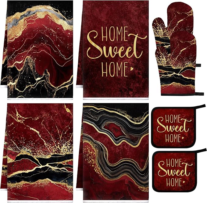 Leinuosen Burgundy and Gold Marble 8 Pcs Kitchen Towels and Dishcloths Sets Oven Mitts and Pot Holders Absorbent Kitchen Gloves Potholders Heat Resistant for Chef Baking Cooking