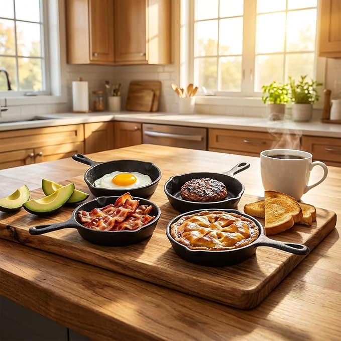 Hiceeden 4 Pack Mini Cast Iron Skillet, 4" Small Frying Pans with Double Drip-Spouts for Stove, Oven, Grill Safe, Indoor and Outdoor Use, Non-stick