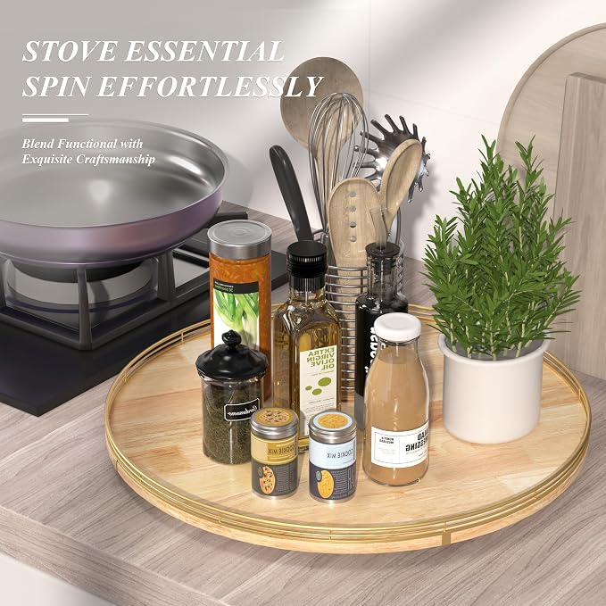 AMH 24-Inch Extra Large Lazy Susan with Solid Oak Base and Black Iron Rail | Smooth rotating oak tray with walnut finish for dining tables, kitchen counters, pantries and cabinet storage.