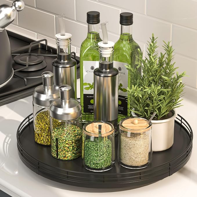Oroyutor 13-Inch Oak Lazy Susan Spice Organizer, Black Finish | Rotating oak tray organizes spices, toiletries and decor on kitchen counters, bathroom vanities, dining and coffee tables.