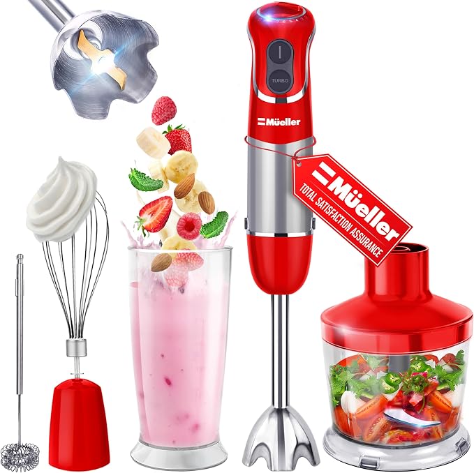 Mueller Multistick 5-in-1 Immersion Blender Handheld, 12-Speed Hand Mixer | Turbo Boost, Heaviest Duty Copper Motor, Titanium Blades Hand Blender, Milk Frother Wand, Whisk, Beaker, Chopper, Red