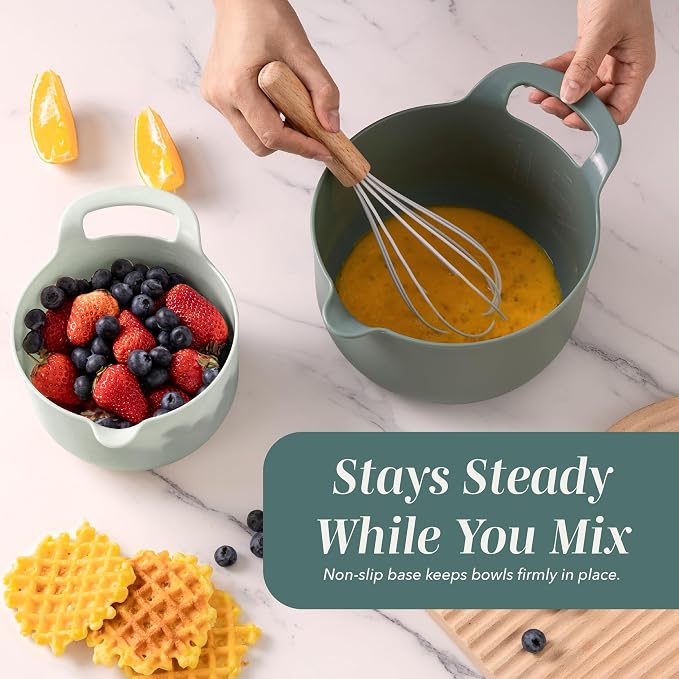 COOK WITH COLOR Nesting Plastic Mixing Bowl Set with Pour Spouts and Handles, Sage, 4 Piece Non-Slip