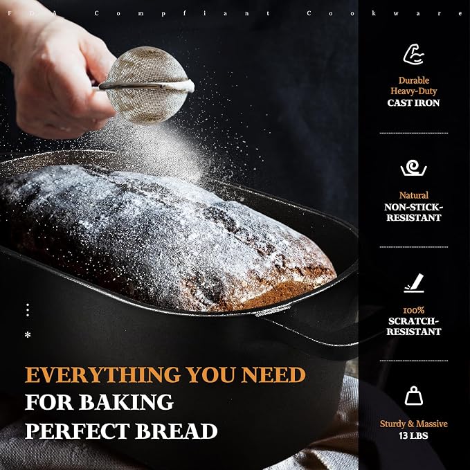 Cast Iron Sourdough Loaf Pan with Lid, Oval Dutch Oven for Bread Baking | Pre-Seasoned Sourdough Baking Supplies Kit, Cast Iron Dutch Oven for Homemade Bread, Sourdough Bread Pan