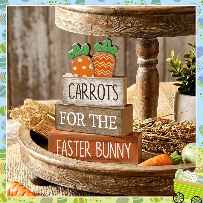 Lineshading 4 Pcs Wooden Tiered Tray Decor, Farmhouse Carrots Block Signs | Rustic Wooden Signs with Carrot Cutouts, Easter Spring Tabletop Decorations, Stackable for Farmhouse Home Displays