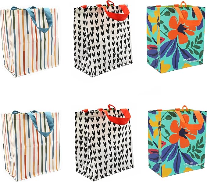 Earthwise Reusable Grocery Bags – Gift Totes, Foldable & Water‑Resistant Shopping Bags, Durable Multi‑Use Eco Bags with Spring Designs (6 Pack)