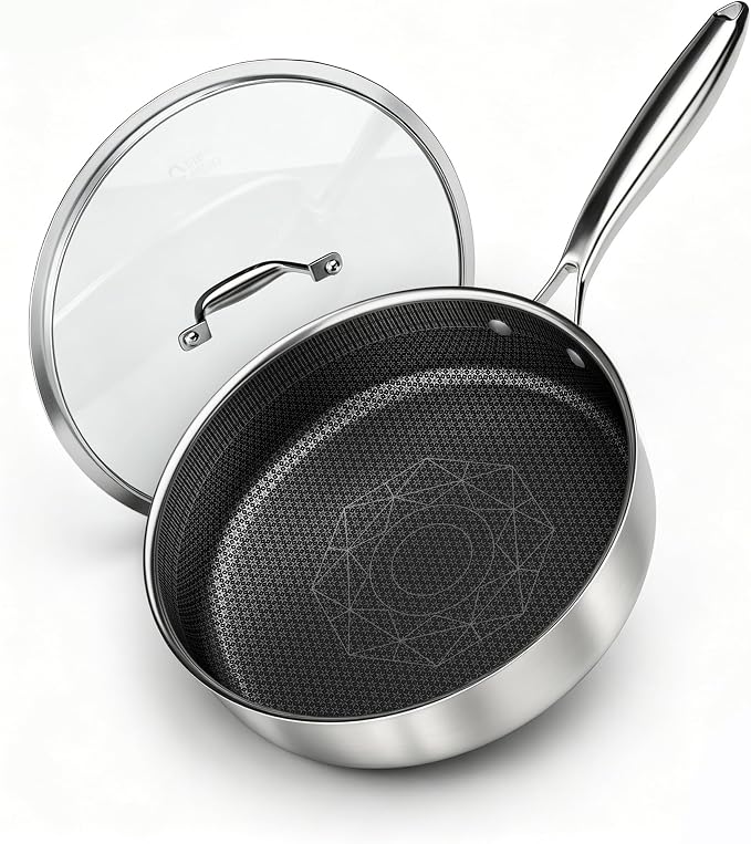 COOKER KING 3.6Qt Hybrid Sauté Pan w/Lid, Nonstick Deep Skillet for Frying | Non-Toxic Coating, Dishwasher & Oven Safe, Induction Ready, Stay-Cool Handle, 3-Ply Stainless Steel Clad for Fast Heat